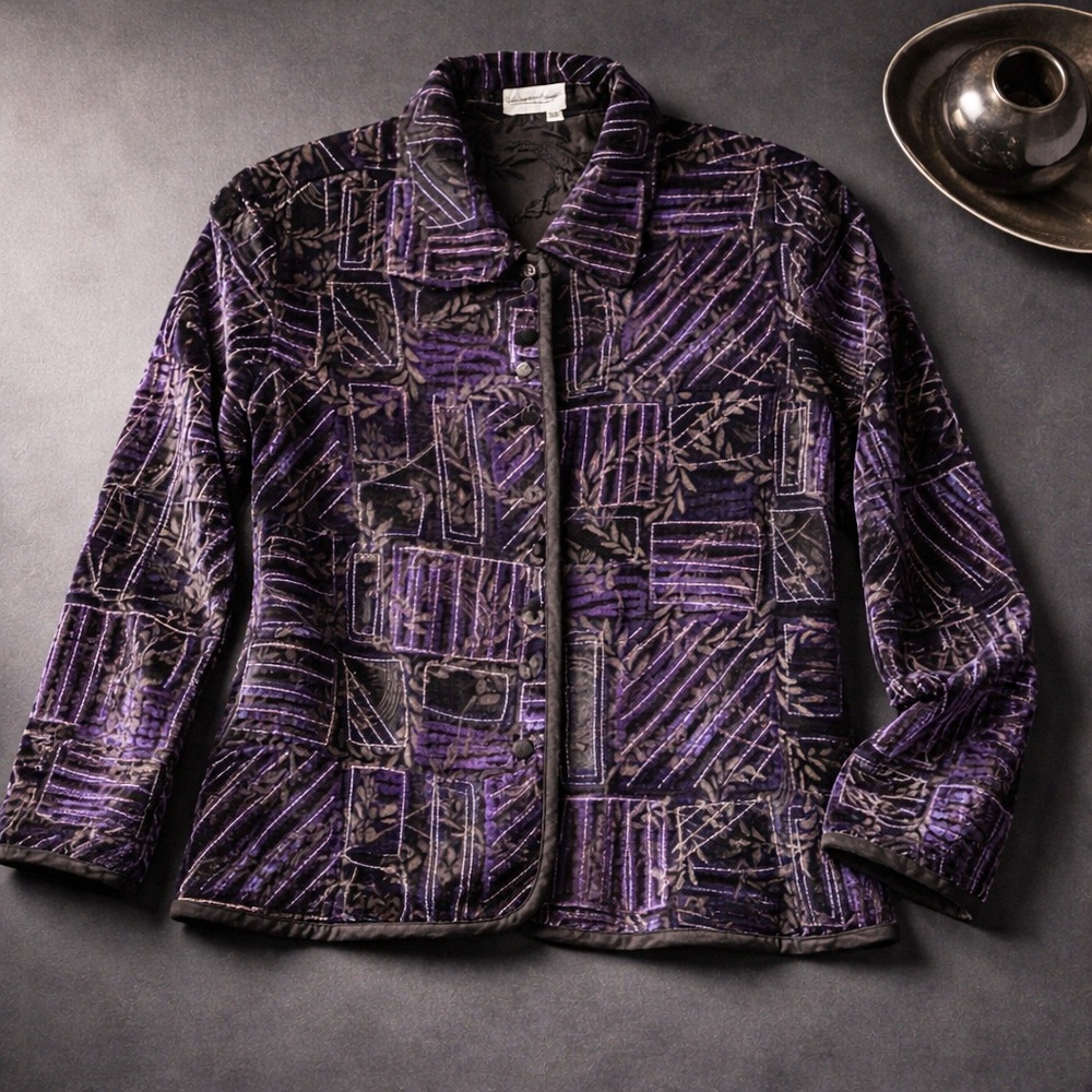 Coldwater Creek Velvet Jacket – Purple & Black Geometric Floral Pattern (Size M)